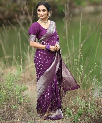 Wine silk blend banarasi saree with unstitched blouse piece 3