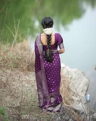 Wine silk blend banarasi saree with unstitched blouse piece 4