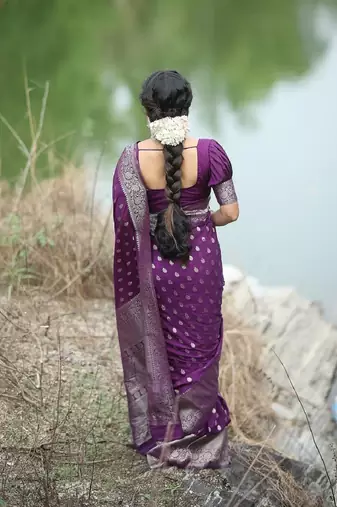 Wine silk blend banarasi saree with unstitched blouse piece