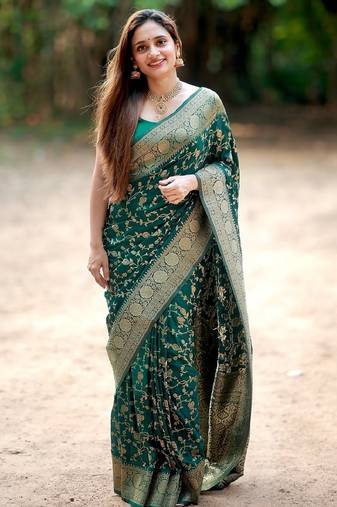 Green soft silk blend banarasi jacuard work designer party wear saree with unstitched blouse piece
