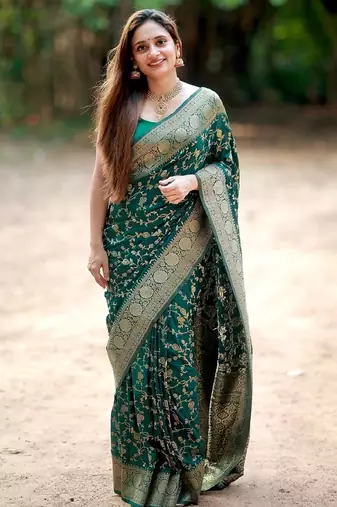 Green soft silk blend banarasi jacuard work designer party wear saree with unstitched blouse piece