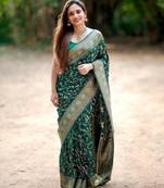 Green soft silk blend banarasi jacuard work designer party wear saree with unstitched blouse piece