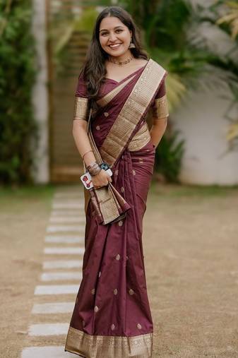 Maroon soft silk blend banarasi jacuard work designer party wear saree with unstitched blouse piece