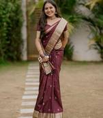 Maroon soft silk blend banarasi jacuard work designer party wear saree with unstitched blouse piece