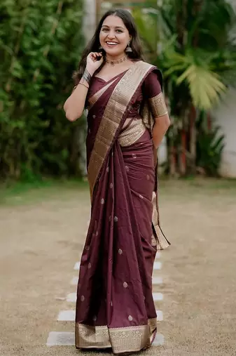 Maroon silk blend banarasi saree with unstitched blouse piece
