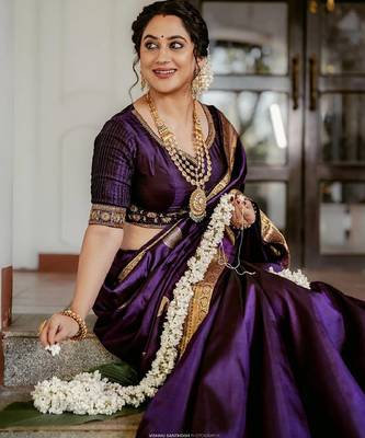 Purple silk blend banarasi saree with unstitched blouse piece 1