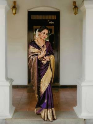 Purple silk blend banarasi saree with unstitched blouse piece 2