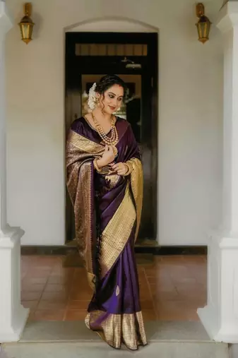 Purple silk blend banarasi saree with unstitched blouse piece