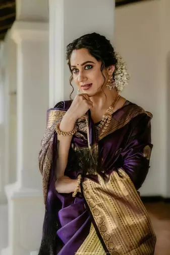Purple silk blend banarasi saree with unstitched blouse piece