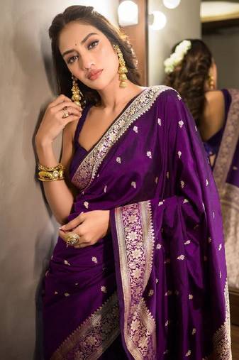 Purple soft silk blend banarasi jacuard work designer party wear saree with unstitched blouse piece