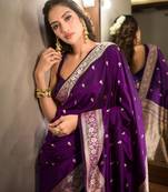 Purple soft silk blend banarasi jacuard work designer party wear saree with unstitched blouse piece