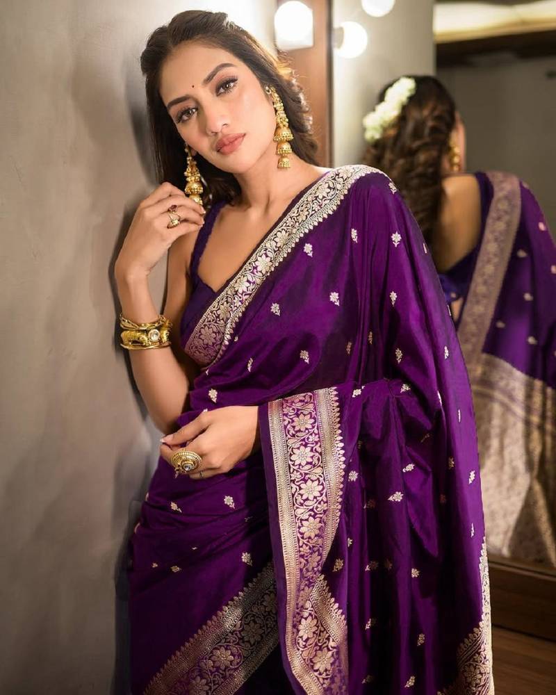 Purple soft silk blend banarasi jacuard work designer party wear saree with unstitched blouse piece