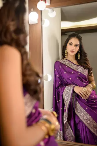 Purple soft silk blend banarasi jacuard work designer party wear saree with unstitched blouse piece
