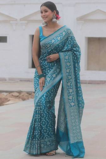 Sky blue soft silk blend banarasi jacuard work designer party wear saree with unstitched blouse piece