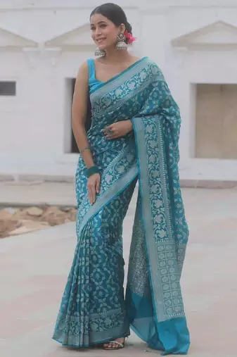 Sky blue soft silk blend banarasi jacuard work designer party wear saree with unstitched blouse piece