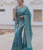 Sky blue soft silk blend banarasi jacuard work designer party wear saree with unstitched blouse piece