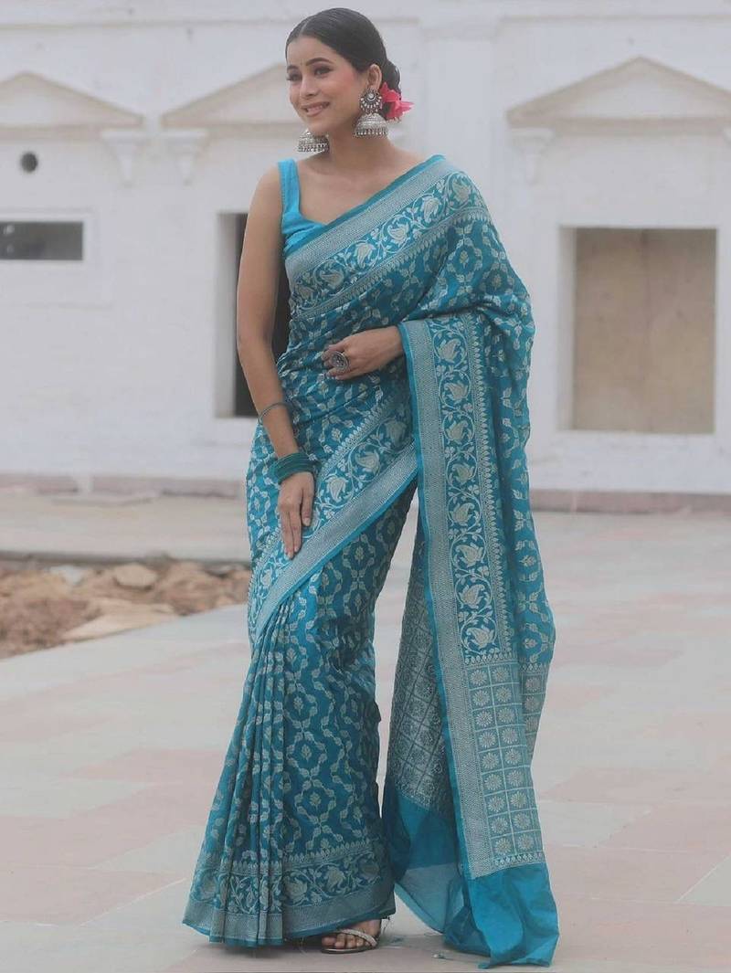 Sky blue soft silk blend banarasi jacuard work designer party wear saree with unstitched blouse piece