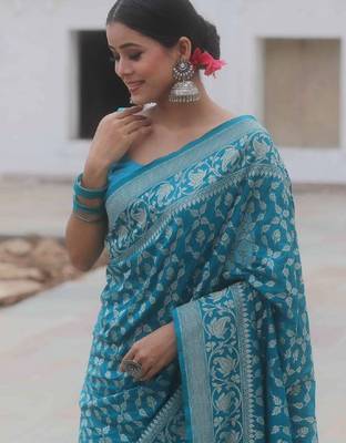 Sky blue silk blend banarasi saree with unstitched blouse piece 3