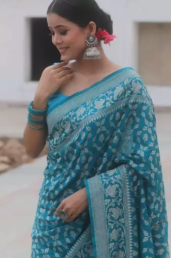 Sky blue silk blend banarasi saree with unstitched blouse piece