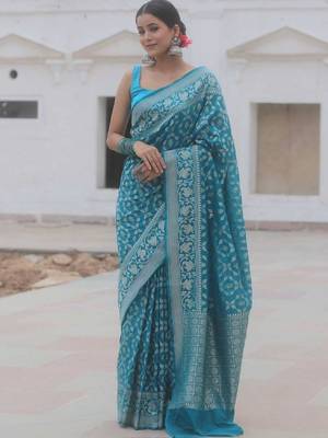Sky blue silk blend banarasi saree with unstitched blouse piece 4
