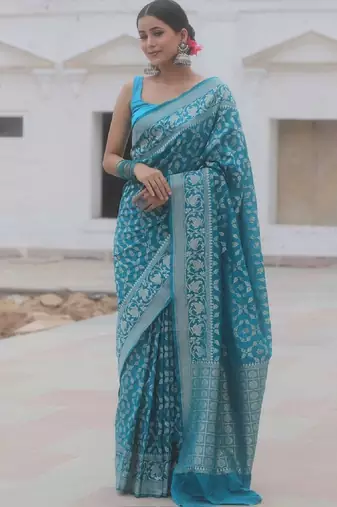 Sky blue silk blend banarasi saree with unstitched blouse piece