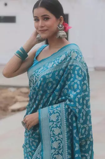 Sky blue silk blend banarasi saree with unstitched blouse piece