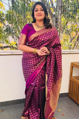 Wine soft silk blend banarasi jacuard work designer party wear saree with unstitched blouse piece