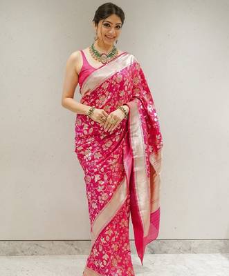 Pink silk blend banarasi saree with unstitched blouse piece 1