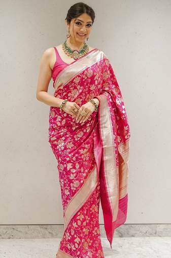 Pink soft silk blend banarasi jacuard work designer party wear saree with unstitched blouse piece