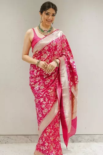 Pink soft silk blend banarasi jacuard work designer party wear saree with unstitched blouse piece