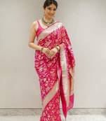 Pink soft silk blend banarasi jacuard work designer party wear saree with unstitched blouse piece