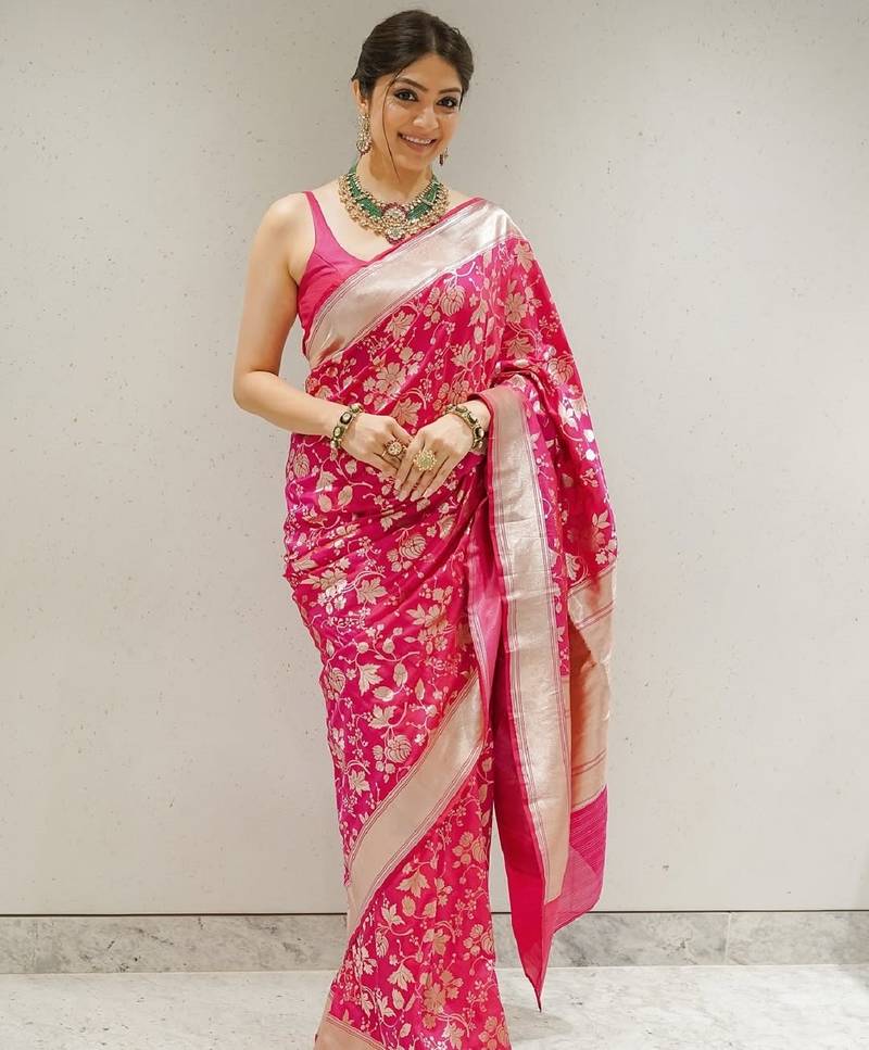 Pink soft silk blend banarasi jacuard work designer party wear saree with unstitched blouse piece