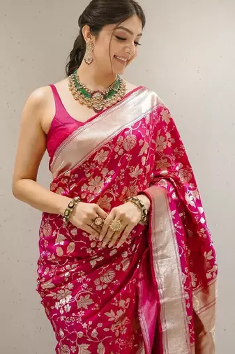Pink silk blend banarasi saree with unstitched blouse piece