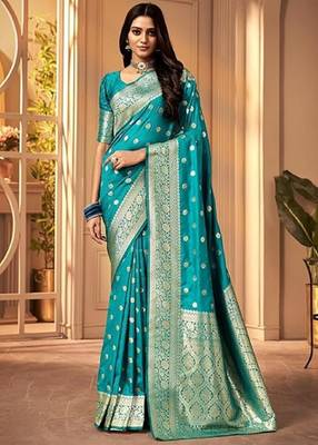 Rama silk blend banarasi saree with unstitched blouse piece 1