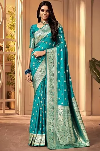Rama soft silk blend banarasi jacuard work designer party wear saree with unstitched blouse piece