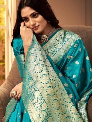 Rama silk blend banarasi saree with unstitched blouse piece 2