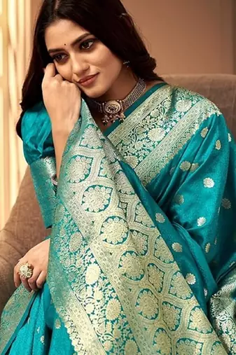Rama silk blend banarasi saree with unstitched blouse piece