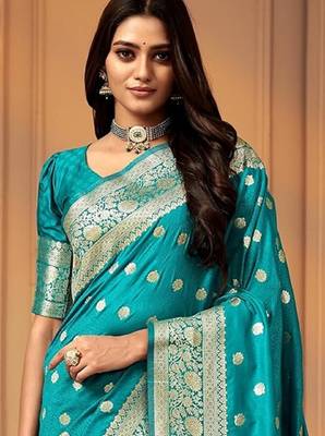 Rama silk blend banarasi saree with unstitched blouse piece 3