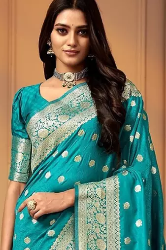 Rama silk blend banarasi saree with unstitched blouse piece