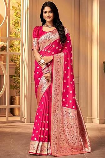 Pink soft silk blend banarasi jacuard work designer party wear saree with unstitched blouse piece