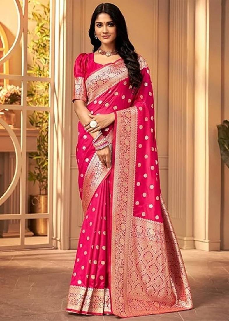 Pink soft silk blend banarasi jacuard work designer party wear saree with unstitched blouse piece