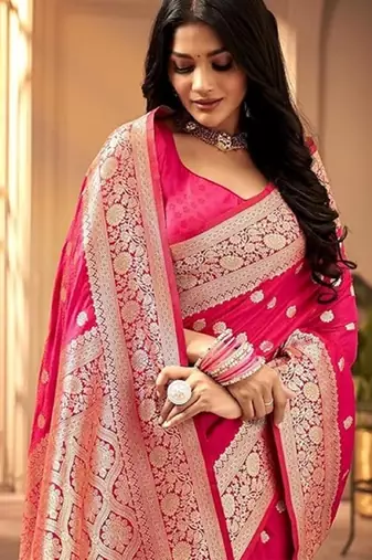 Pink silk blend banarasi saree with unstitched blouse piece