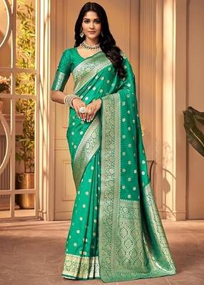 Teal green silk blend banarasi saree with unstitched blouse piece 1