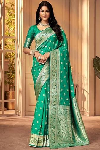 Teal green soft silk blend banarasi jacuard work designer party wear saree with unstitched blouse piece