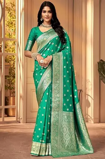 Teal green soft silk blend banarasi jacuard work designer party wear saree with unstitched blouse piece