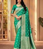 Teal green soft silk blend banarasi jacuard work designer party wear saree with unstitched blouse piece