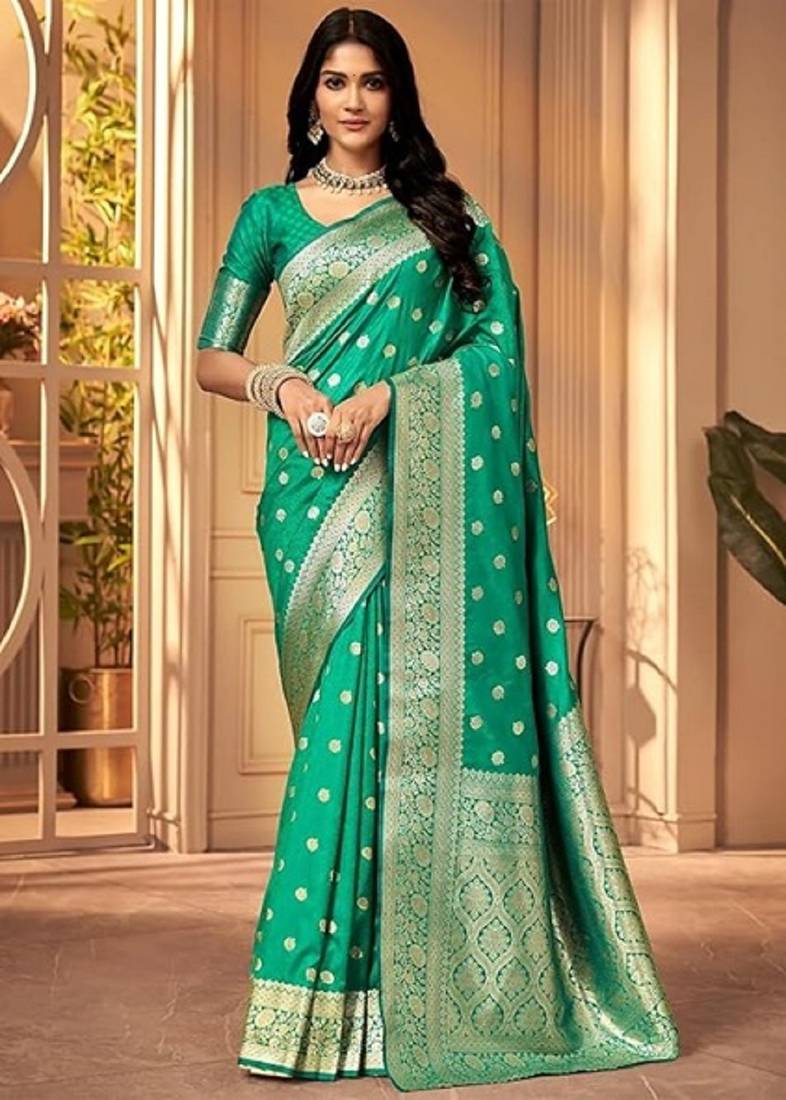 Teal green soft silk blend banarasi jacuard work designer party wear saree with unstitched blouse piece