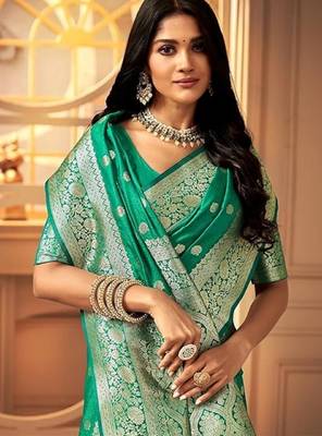 Teal green silk blend banarasi saree with unstitched blouse piece 2