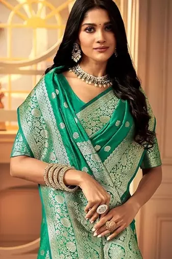 Teal green silk blend banarasi saree with unstitched blouse piece