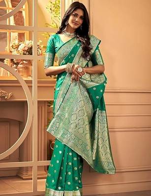 Teal green silk blend banarasi saree with unstitched blouse piece 3